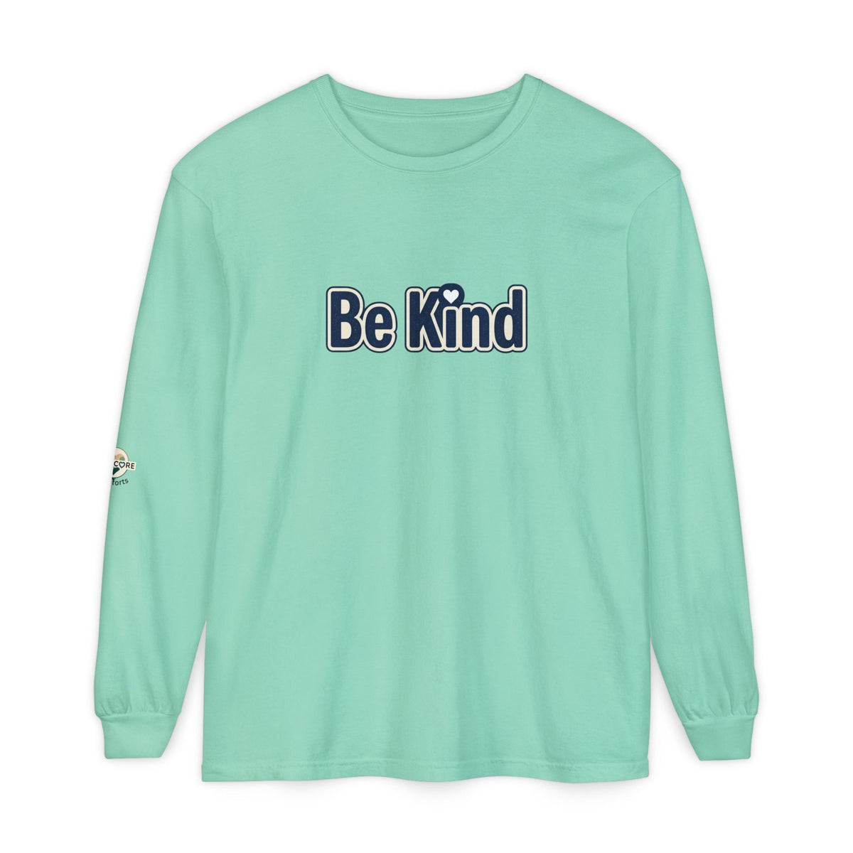 Be Kind Long Sleeve Tee - Kindcore ComfortsMint-green long-sleeve tee with dark “Be Kind” lettering and a small white heart on the front.SLong-sleevePrintifyKindcore Comforts21044408573078216616