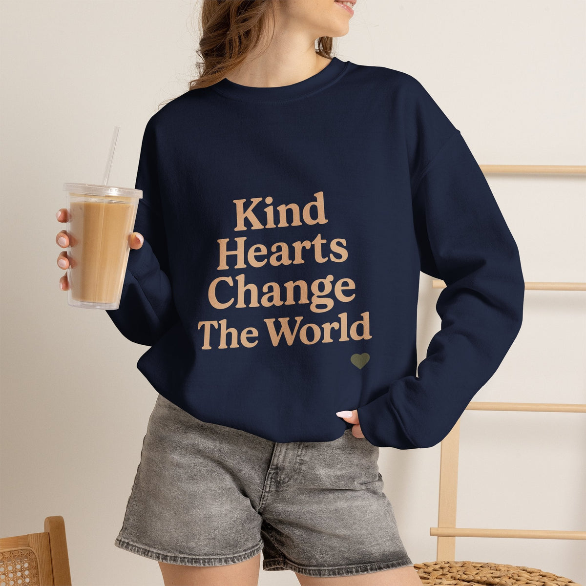 Crewneck Sweatshirt with a tiny heart and a powerful statement - Kindcore Comforts Crewneck Sweatshirt with a tiny heart and a powerful statement in navy