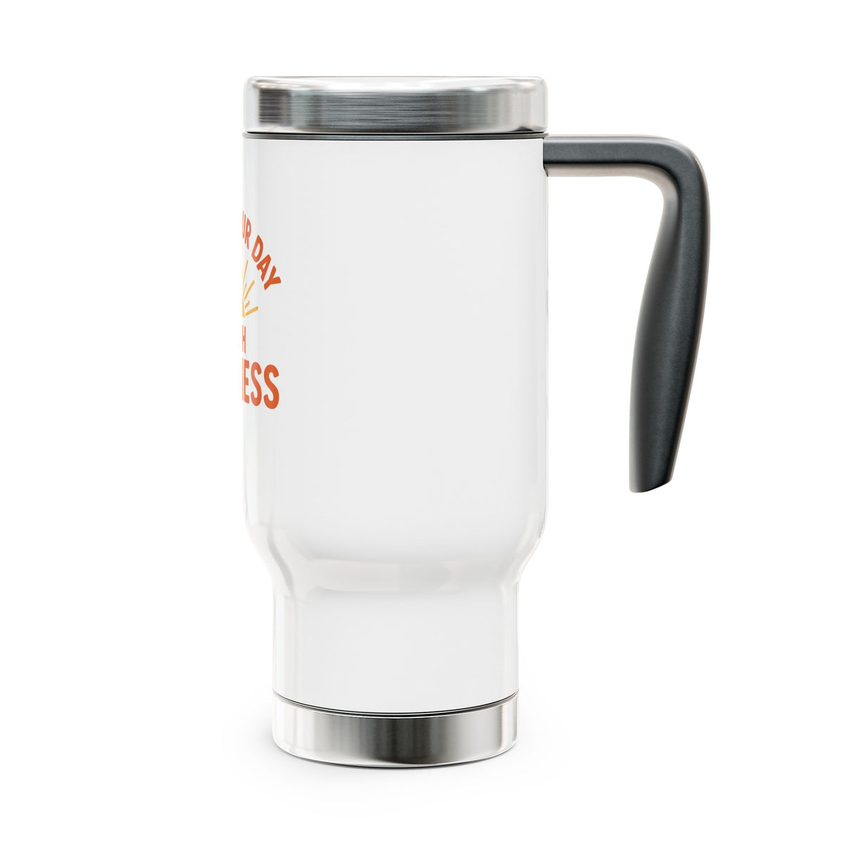 Side view of a white travel mug with a black handle, silver-colored lid and base, and a partially visible kindness design.