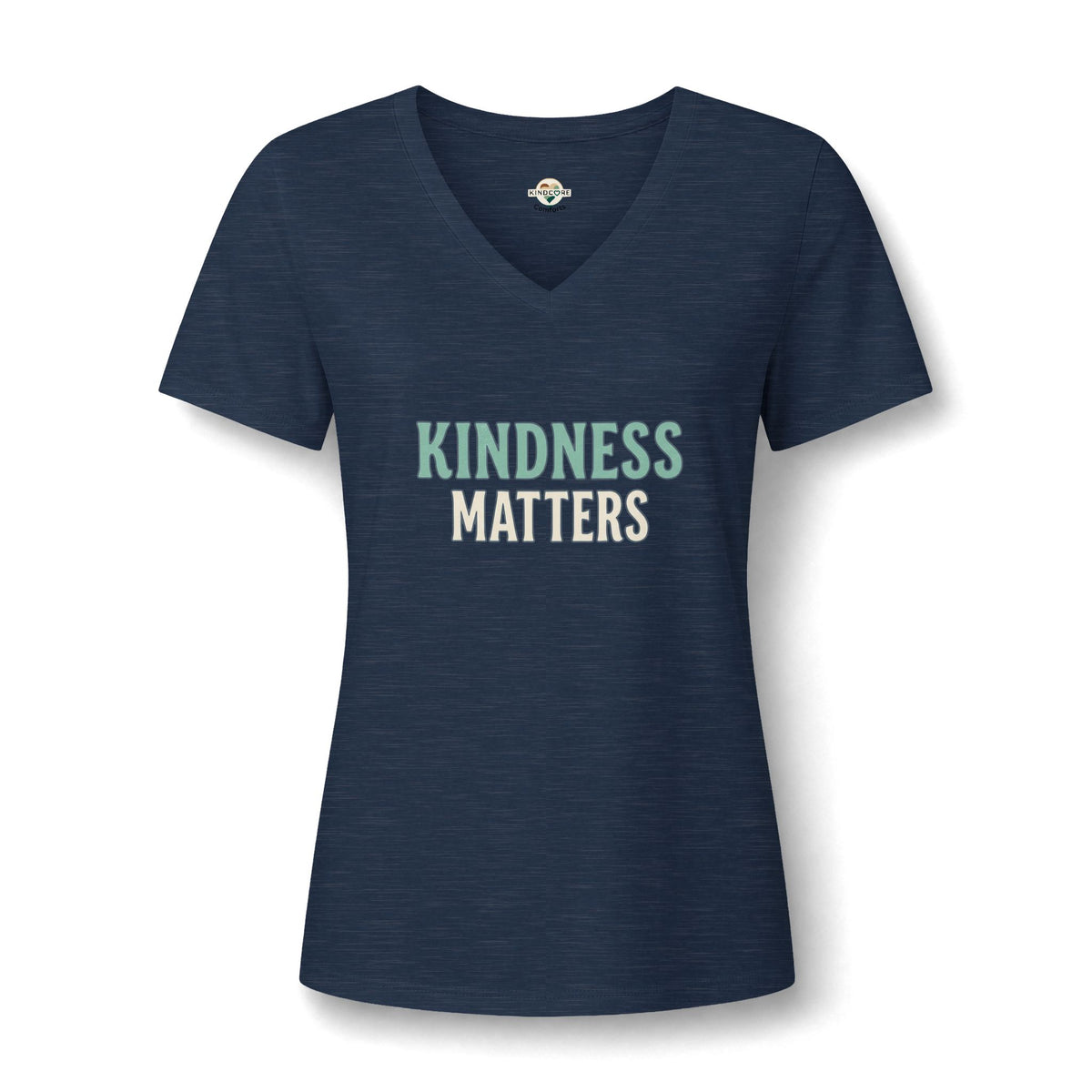 A navy blue short-sleeve V-neck t-shirt with the phrase Kindness Matters.