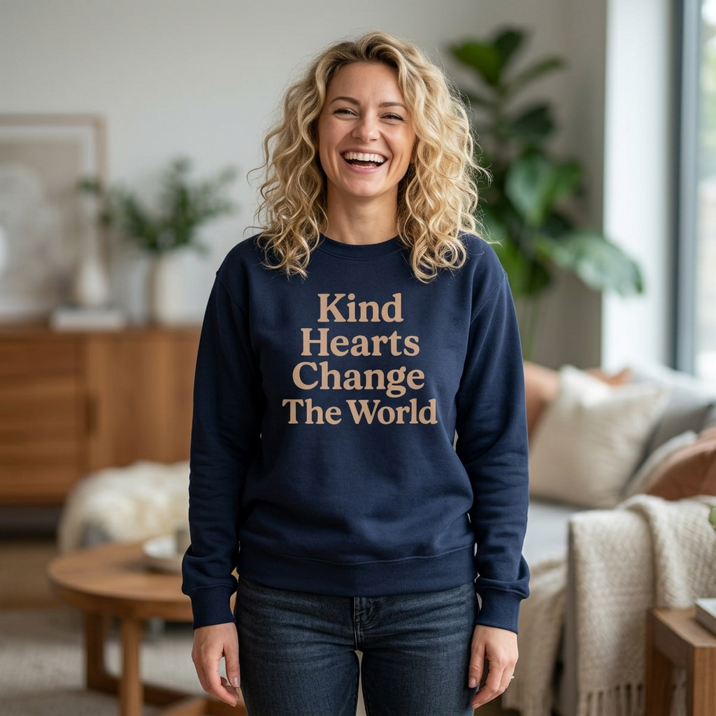 Woman wearing a navy sweatshirt with 'Kind Hearts Change The World' text in a living room.