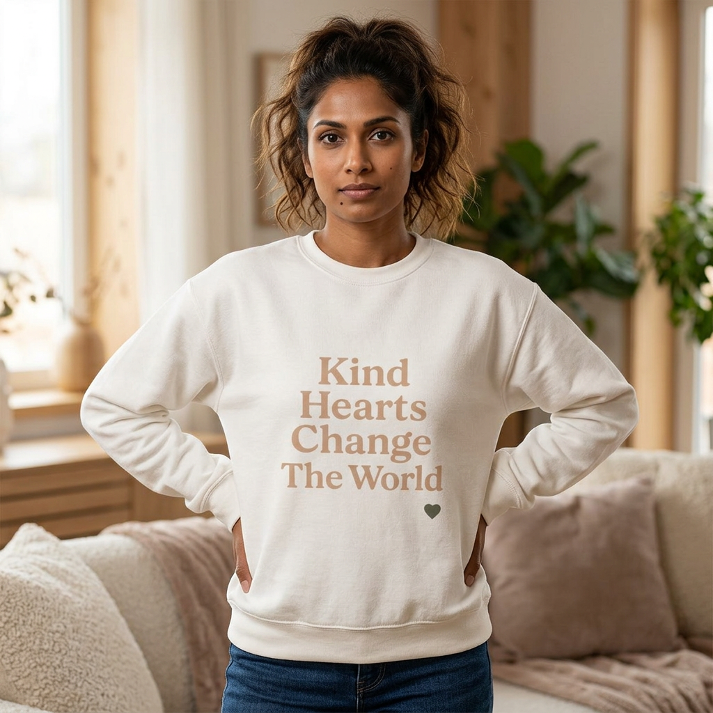 Woman wearing a white sweatshirt with 'Kind Hearts Change The World' text in a living room. in white