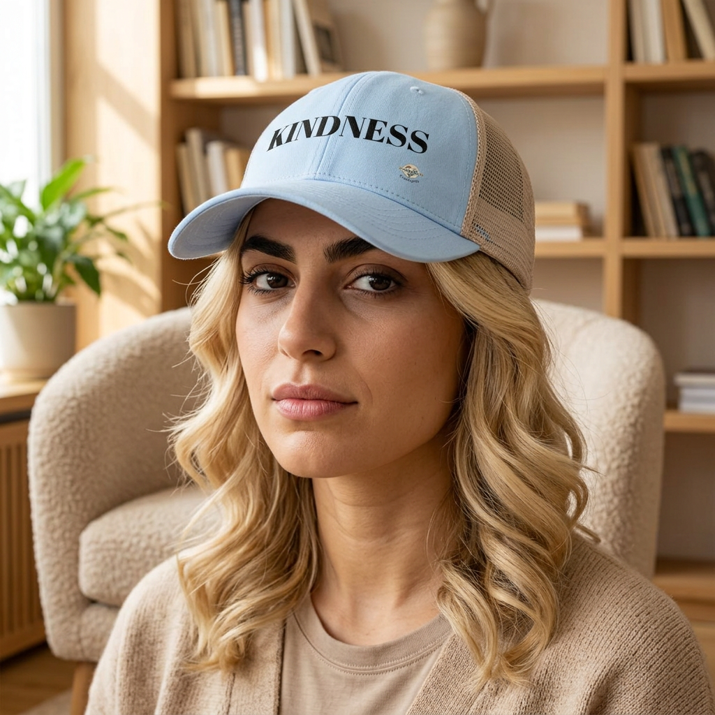 Model wearing a light blue KINDNESS cap with a beige mesh back