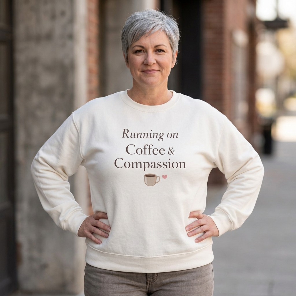 Running on Coffee and Compassion Sweatshirt - Cozy Caregiver Apparel for Women