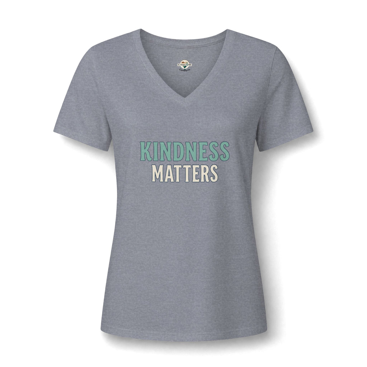 A women's gray V-neck t-shirt with the text 'KINDNESS MATTERS' printed on the chest. '