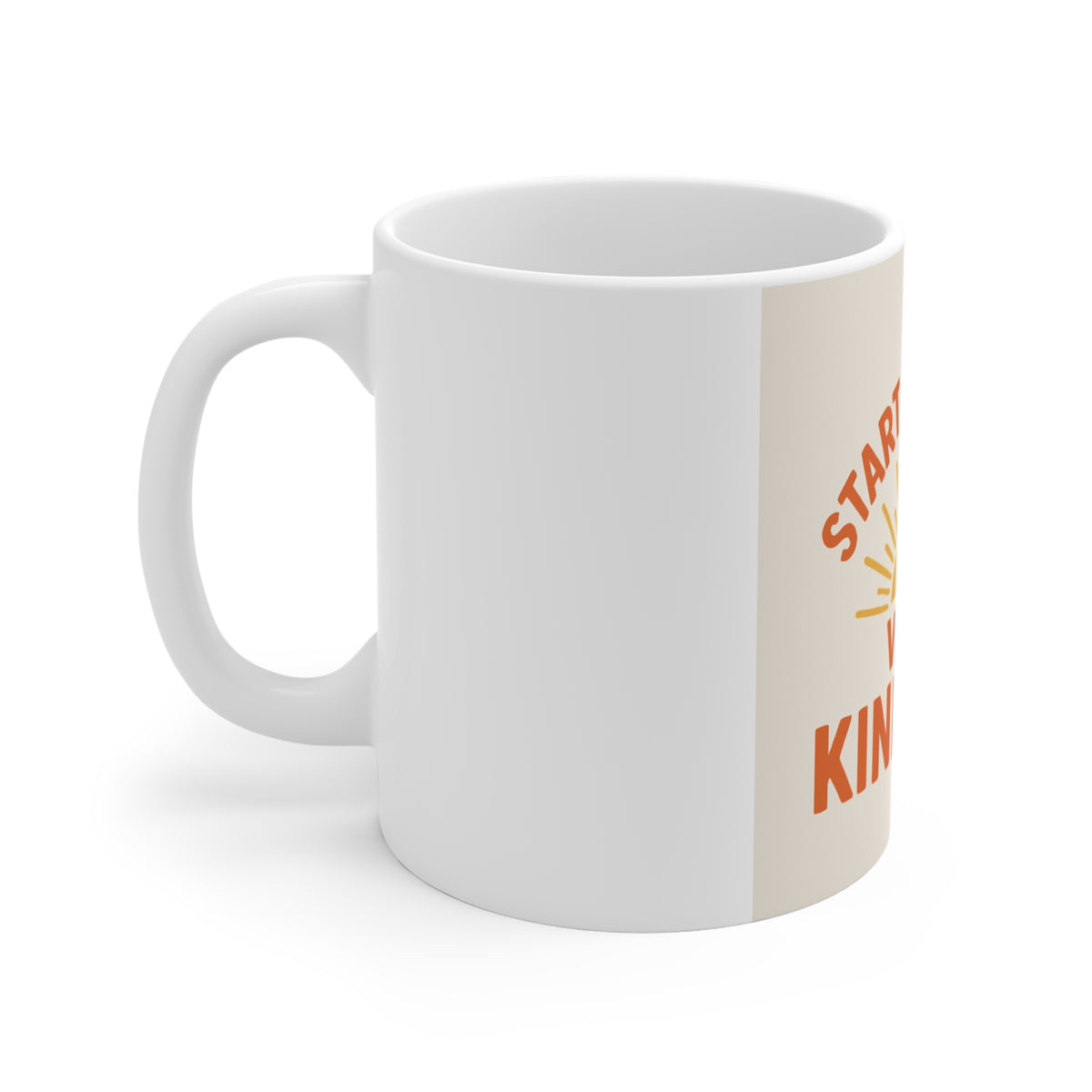White mug with text on a white background