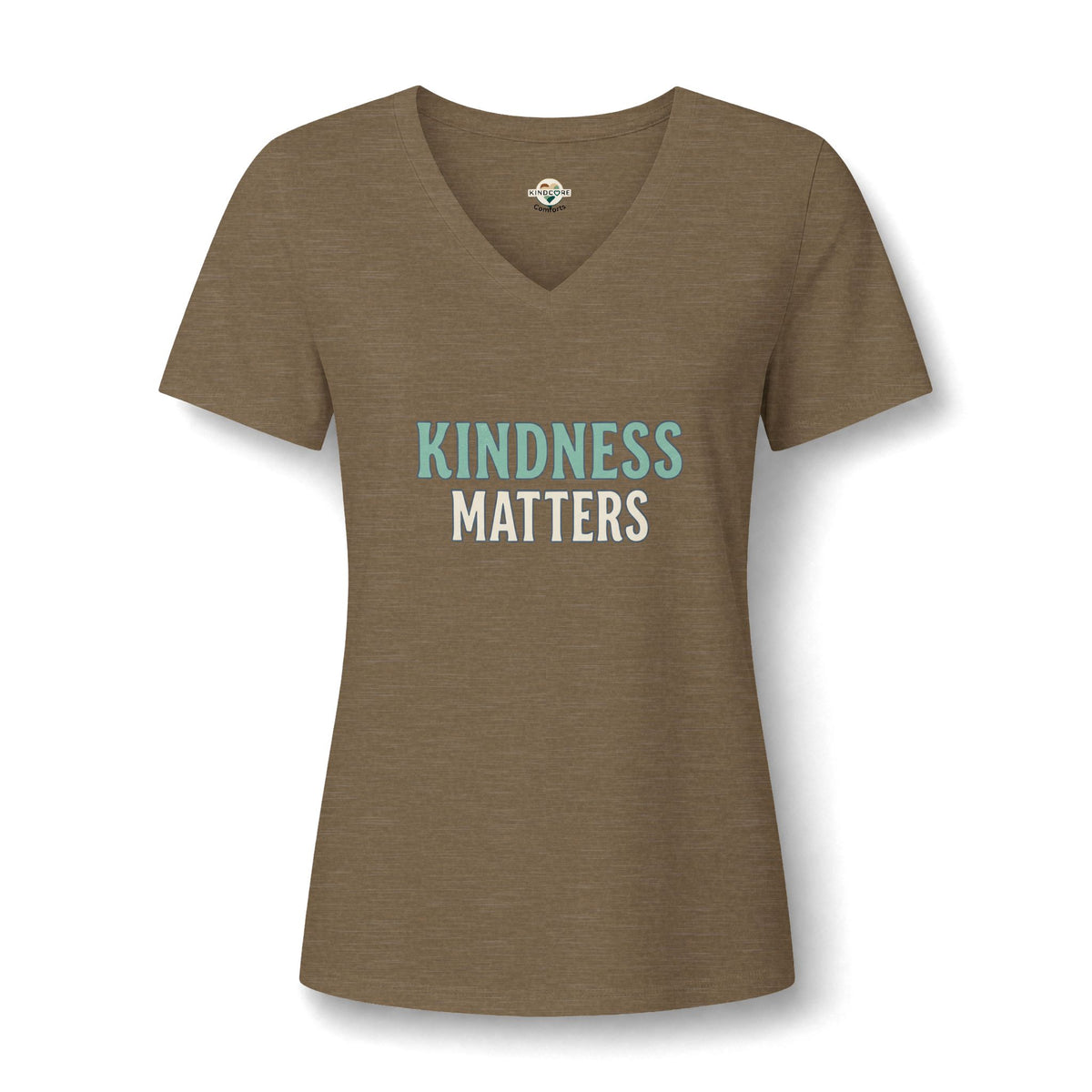 A women's brown V-neck t-shirt with the text 'KINDNESS MATTERS' printed on the chest.