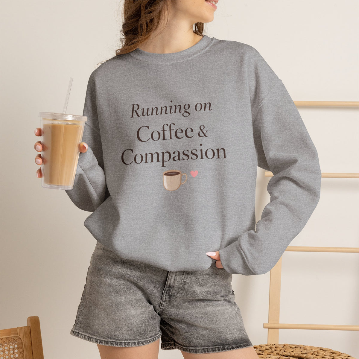 Running on Coffee and Compassion Sweatshirt - Cozy Caregiver Apparel for Women