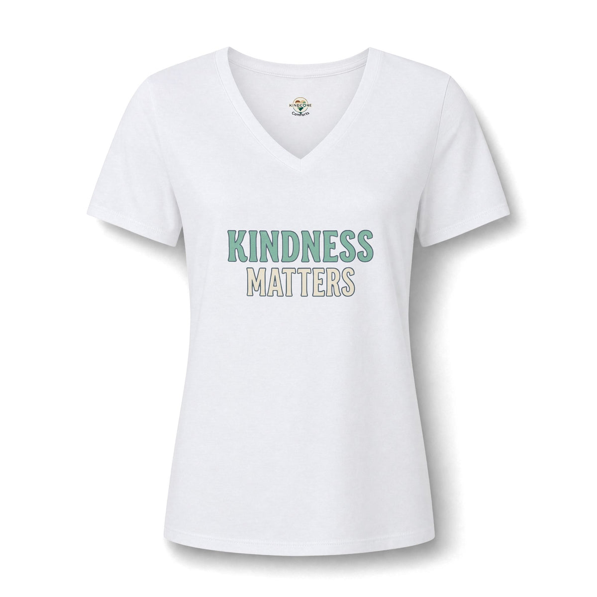 A white women's V-neck short-sleeve t-shirt with the text 'KINDNESS MATTERS' printed on the chest in a retro-style font.