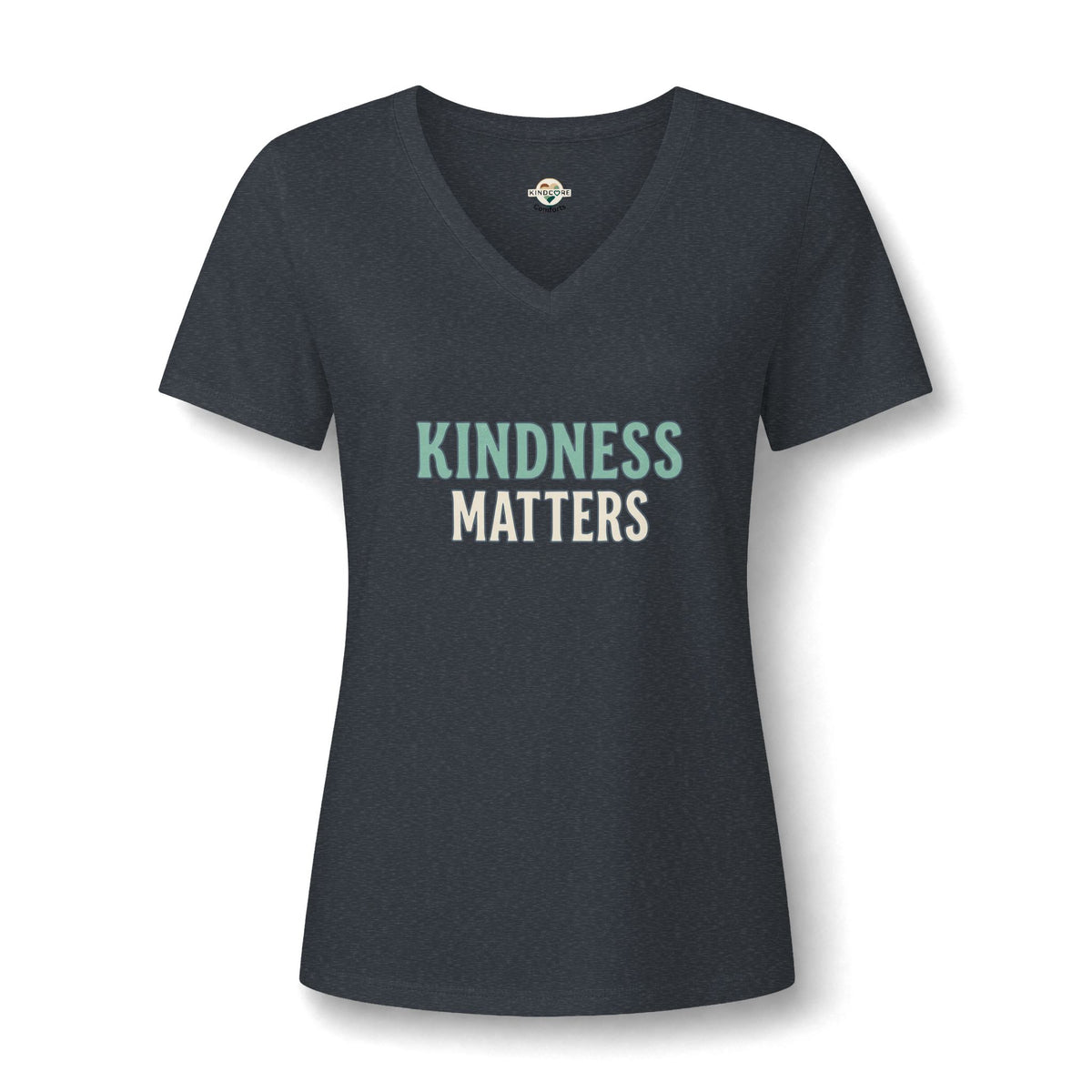 A women's short-sleeve V-neck t-shirt in dark heather gray with the phrase Kindness Matters.