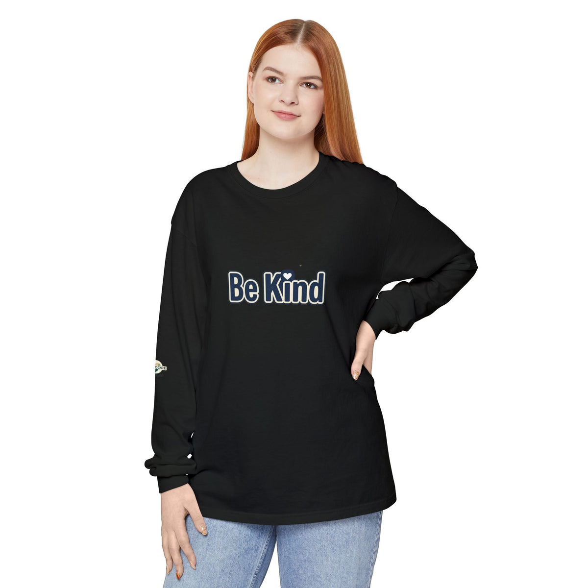Be Kind Long Sleeve Tee - Kindcore ComfortsWoman wearing a black long-sleeve tee with “Be Kind” lettering and a small heart on the frontSLong-sleevePrintifyKindcore Comforts30981426666884861819
