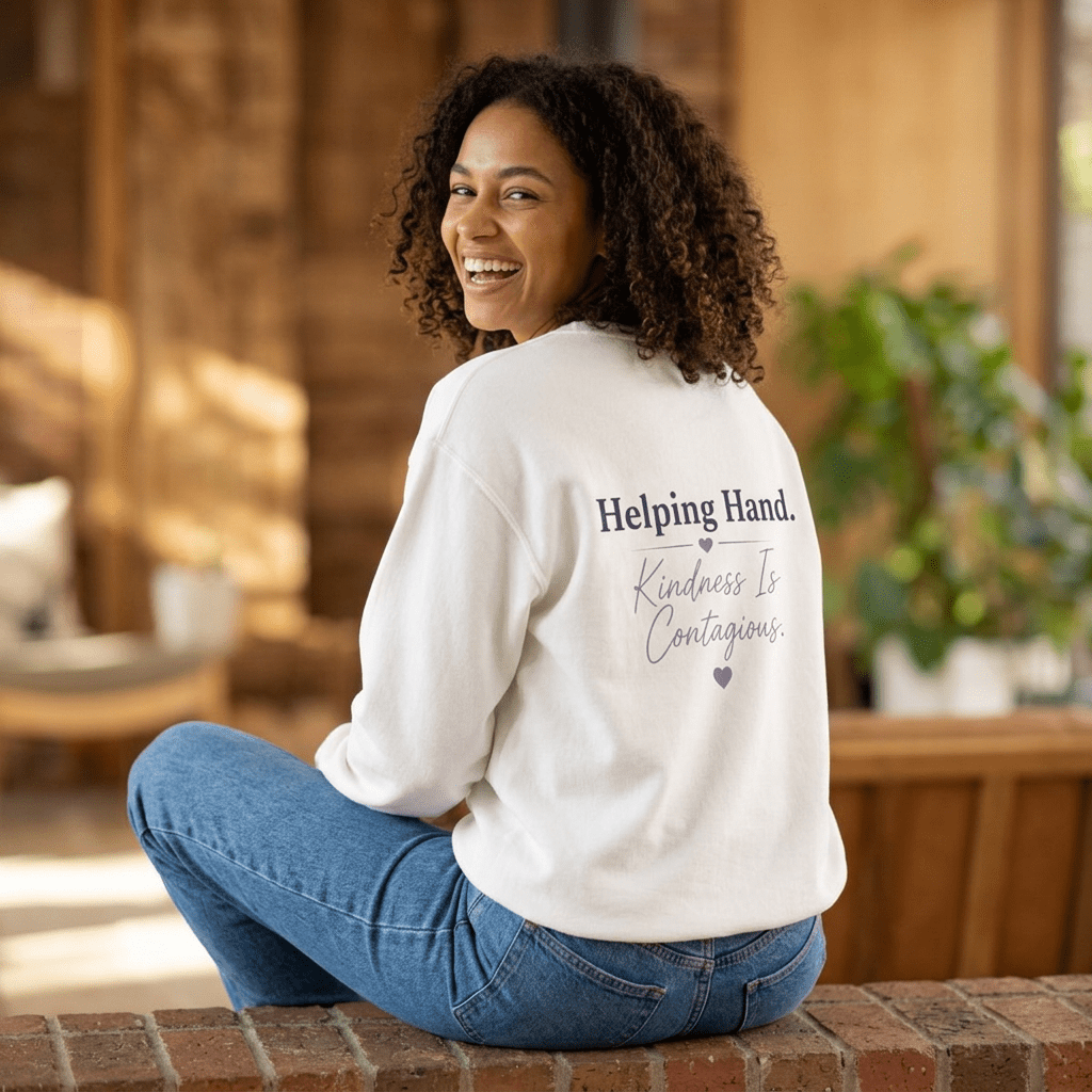 Helping Hand Sweatshirt — "Kindness Is Contagious" Crewneck - Kindcore ComfortsHelping Hand Sweatshirt — "Kindness Is Contagious" CrewneckWhiteSweatshirtPrintifyKindcore Comforts65946449858585772799