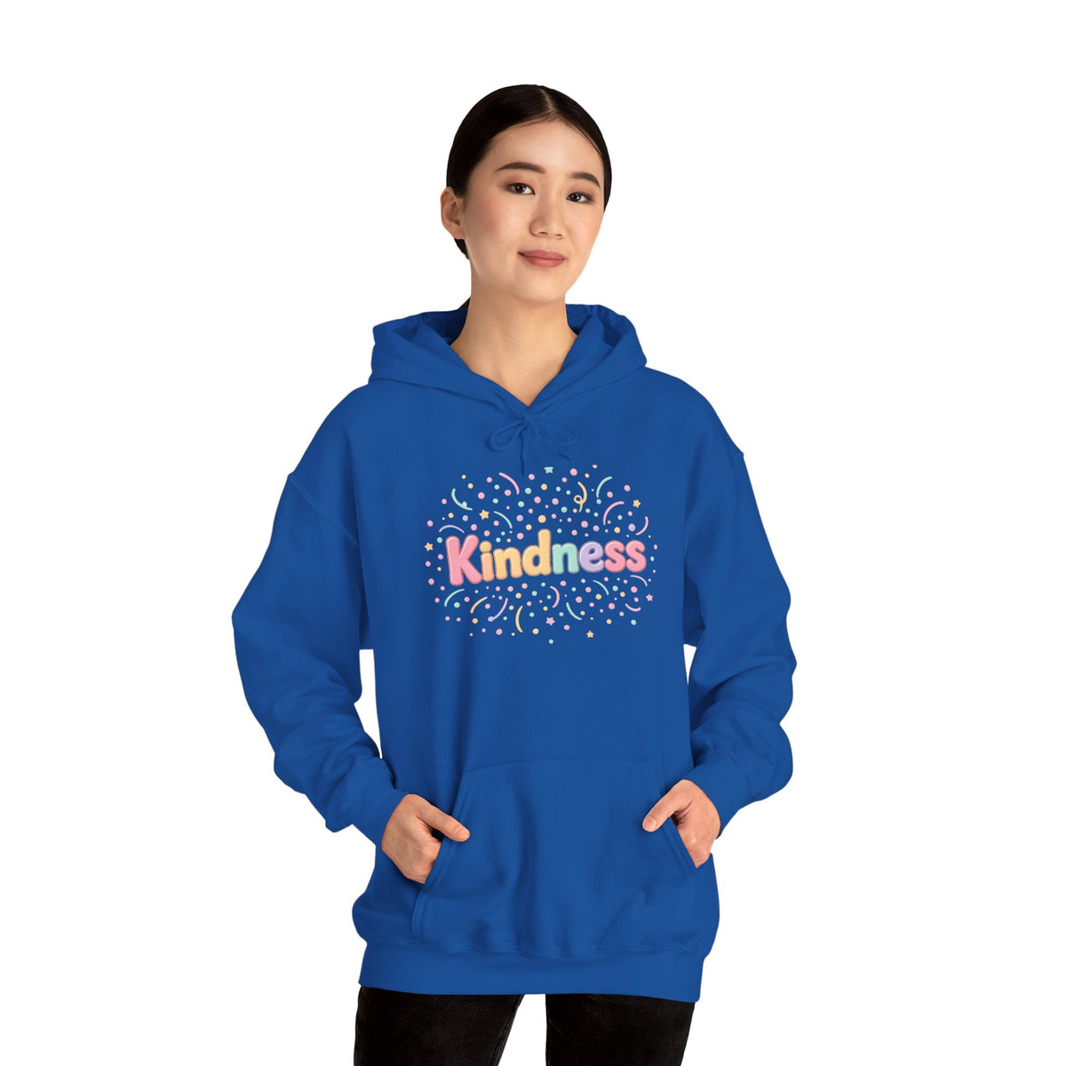 Kindness Hoodie A Happy Way to Say How You Feel - Cozy Pastel Sweatshirt for Women - woman wearing royal blue