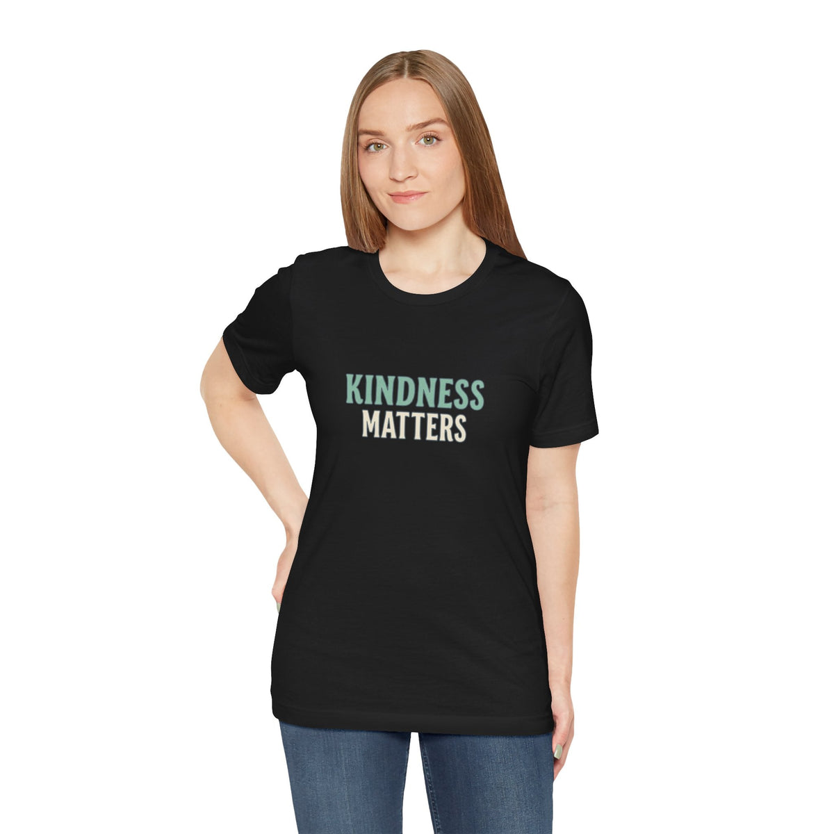 Kindness Matters Graphic T-shirt - Kindcore ComfortsWoman wearing a black T-shirt with “Kindness Matters” printed in green and cream lettering.BlackT-ShirtPrintifyKindcore Comforts33459066964612724561
