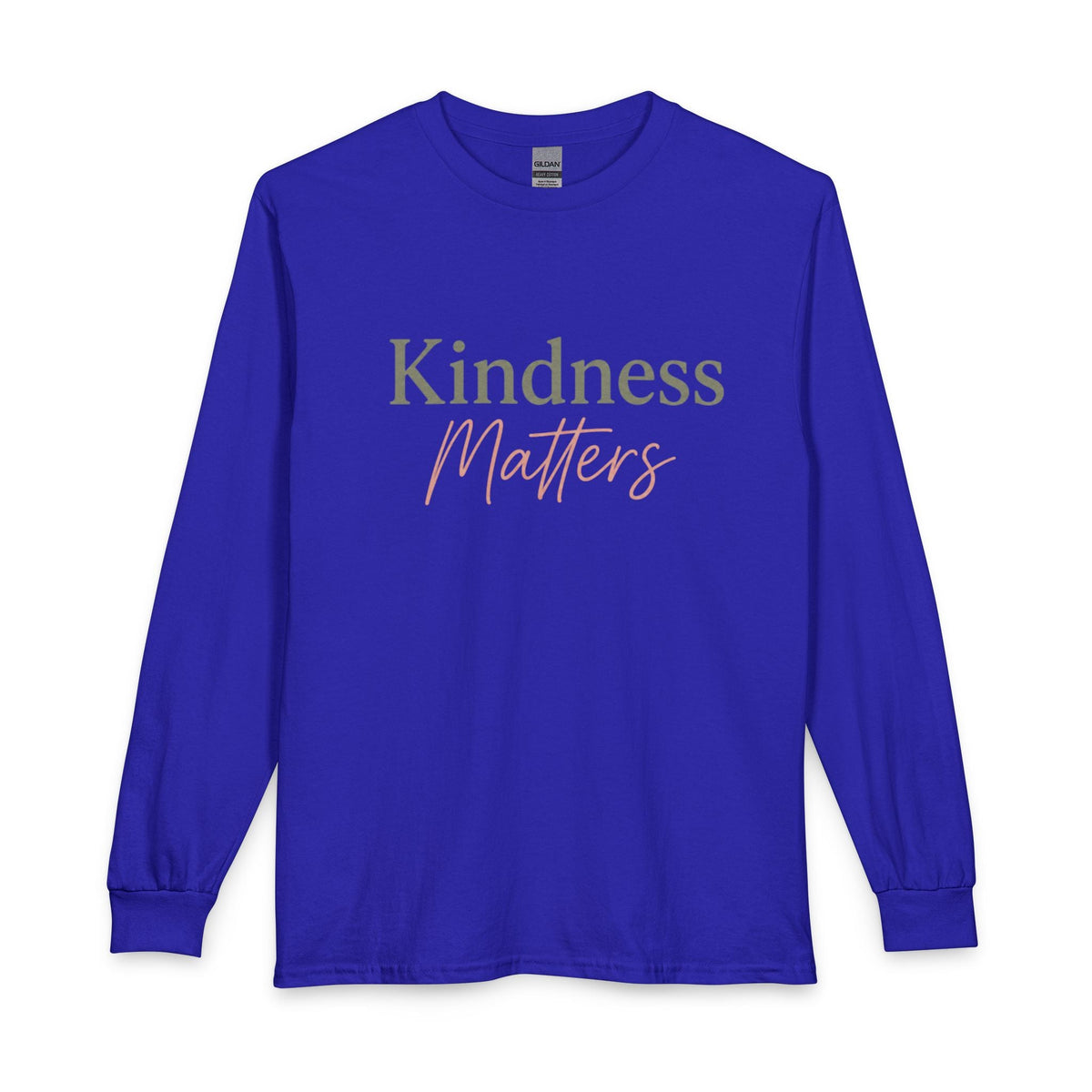 Kindness Matters Long Sleeve Tee - Kindcore ComfortsA royal blue long-sleeve t-shirt with the text 'Kindness Matters' printed on the chest. 'Kindness' is written in a serif font in a muted olive-green color, and 'Matters' is written below it in a cursive script font in a light pink color.RoyalT-ShirtPrintifyKindcore Comforts20965277655151145243