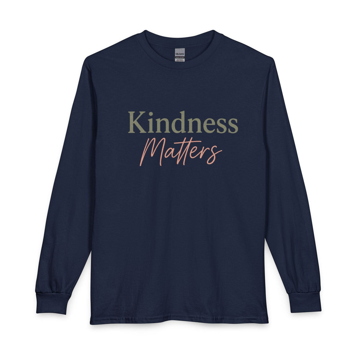 Kindness Matters Long Sleeve Tee - Kindcore ComfortsFront of a navy long-sleeve tee with “Kindness Matters” in green and pink lettering.NavyT-ShirtPrintifyKindcore Comforts14979015902669779631
