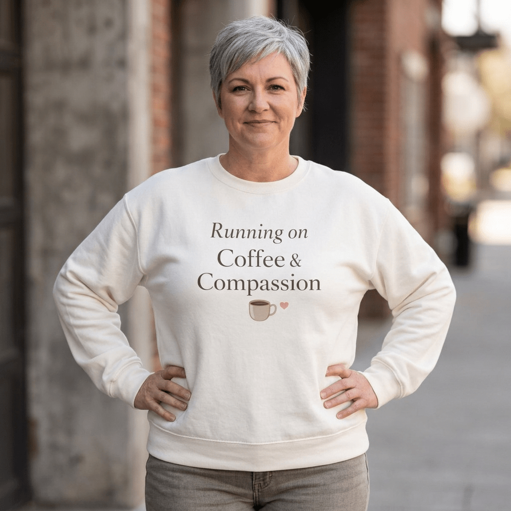A woman with short gray hair stands outdoors wearing a cream-colored crewneck sweatshirt with the text 'Running on Coffee & Compassion' and a small coffee cup graphic. The background is a softly blurred urban street scene.