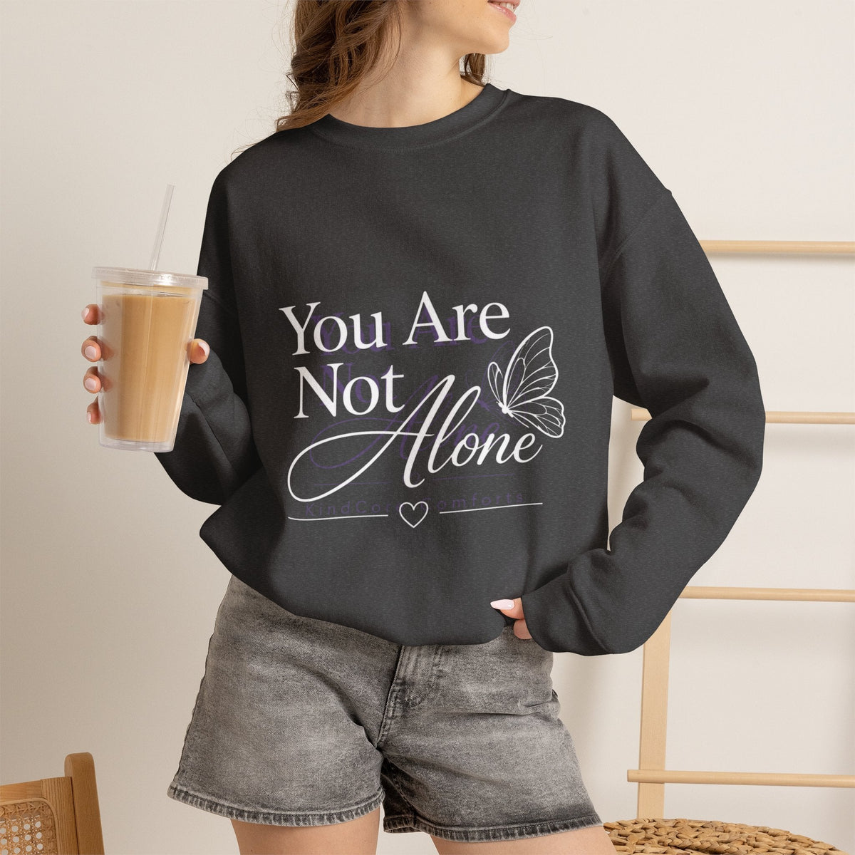 You Are Not Alone Crewneck Sweatshirt — Encouraging Butterfly Comfort Crew - Kindcore ComfortsYou Are Not Alone Crewneck Sweatshirt — Encouraging Butterfly Comfort CrewDark HeatherSweatshirtPrintifyKindcore Comforts32589151374803050110