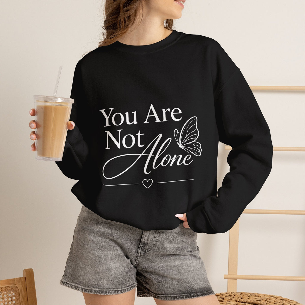 You Are Not Alone Crewneck Sweatshirt — Encouraging Butterfly Comfort Crew - Kindcore ComfortsYou Are Not Alone Crewneck Sweatshirt — Encouraging Butterfly Comfort CrewBlackSweatshirtPrintifyKindcore Comforts31780768819997781713