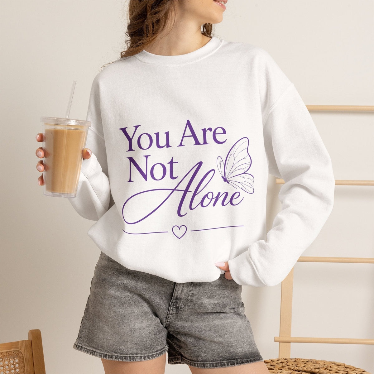 You Are Not Alone Crewneck Sweatshirt — Encouraging Butterfly Comfort Crew - Kindcore ComfortsYou Are Not Alone Crewneck Sweatshirt — Encouraging Butterfly Comfort CrewWhiteSweatshirtPrintifyKindcore Comforts24094290854556463649